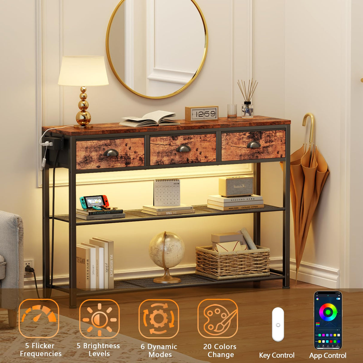 Furologee Console Table with Charging Station & 3 Fabric Drawers, 38'' Entryway Table with Storage Shelves and LED Light, Industrial Foyer Table for Entry Way, Display Shelf for Hallway, Rustic Brown Furologee