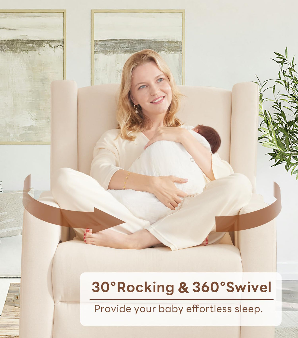 Tbfit 360° Swivel Recliner Chair, Nursery Rocking Chair with Lumbar Support & Footrest for Bedroom, Comfy Upholstered Armchair with Pillows & Storage Bag for Living Room (Beige, Hidden Ring Handle) Tbfit