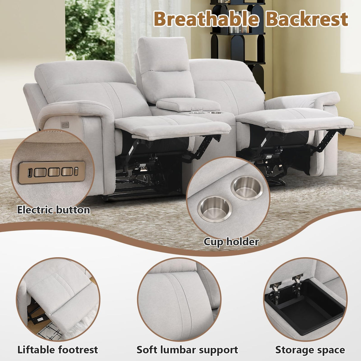 ANJ Beige Power Reclining Loveseat Sofa Couch, Oversized 2-Seater Recliner for Living Room with Overstuffed Armrests, Pet Friendly Small Space Recliner Couch, Full-Body Support Loveseat ANJ