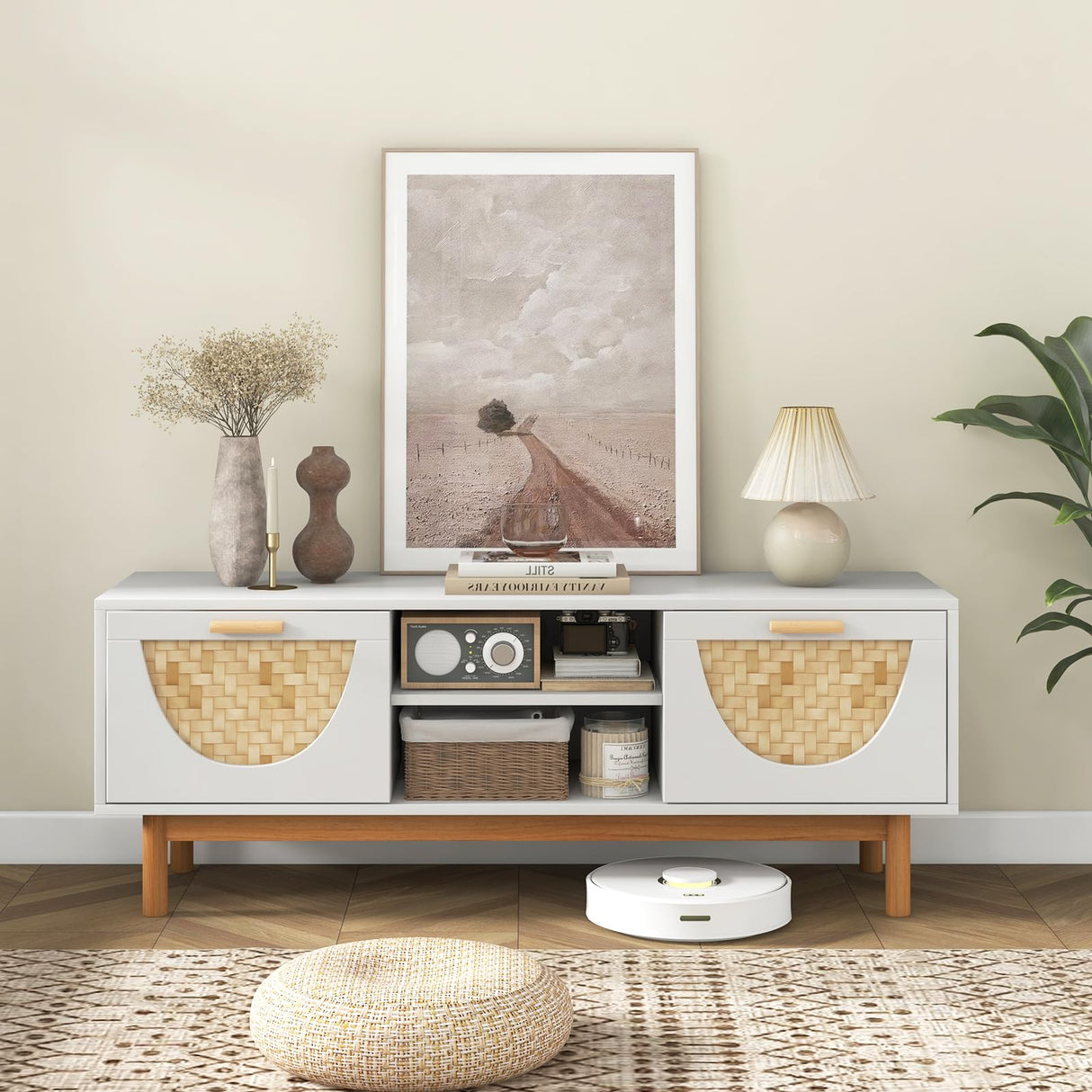 Tangkula TV Stand for 55 Inch TVs, Mid Century Modern Entertainment Center w/2 Drawers & Bamboo Woven Fronts, TV Console Table Media Cabinet w/Solid Wood Legs for Living Room (White, 47.5”, for 55"TV) Tangkula