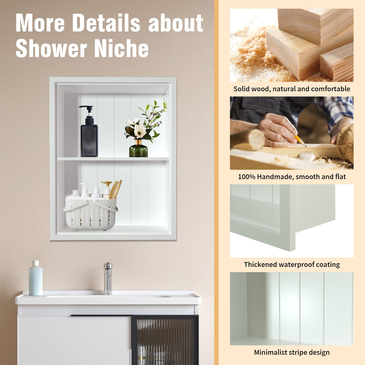 Nalwort 14" x 18" Recessed Medicine Cabinet, 2-Tier Wall Niche for Bathroom, Bedroom, Living Room, Kitchen, White, Solid Wood Wall Medicine Cabinet Nalwort