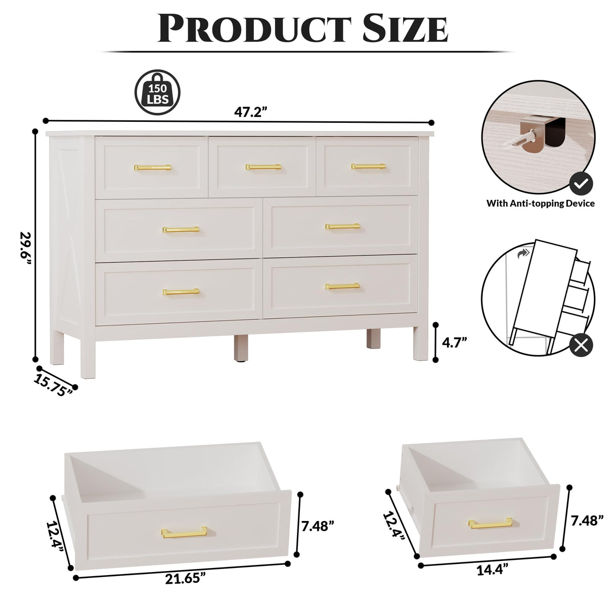 LYNSOM Farmhouse 7 Drawers Dresser for Bedroom, Wood Rustic Wide Chest of Drawers with Deep Drawers, Metal Handle, Storage Dressers Organizer for Entryway, Hallway, White LYNSOM