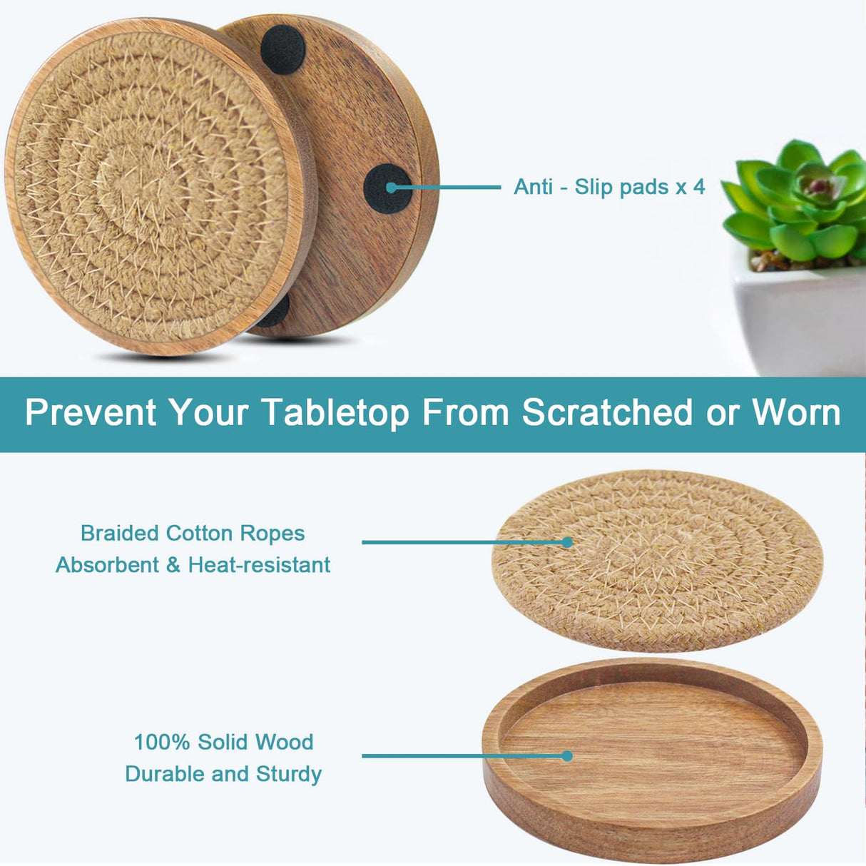 Eykao Wood Coasters for Drinks, Absorbent Coaster Sets of 8, Woven Drink Coasters for Coffee Table, Housewarming Gift for Farmhouse Home Decor,4.3 inches Brown Eykao