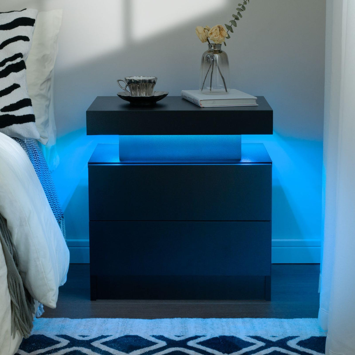 Cubehom Black Nightstand with LED Light Black Modern Bedside Table LED Nightstand with 2 Drawers End Side Table for Bedroom Generic