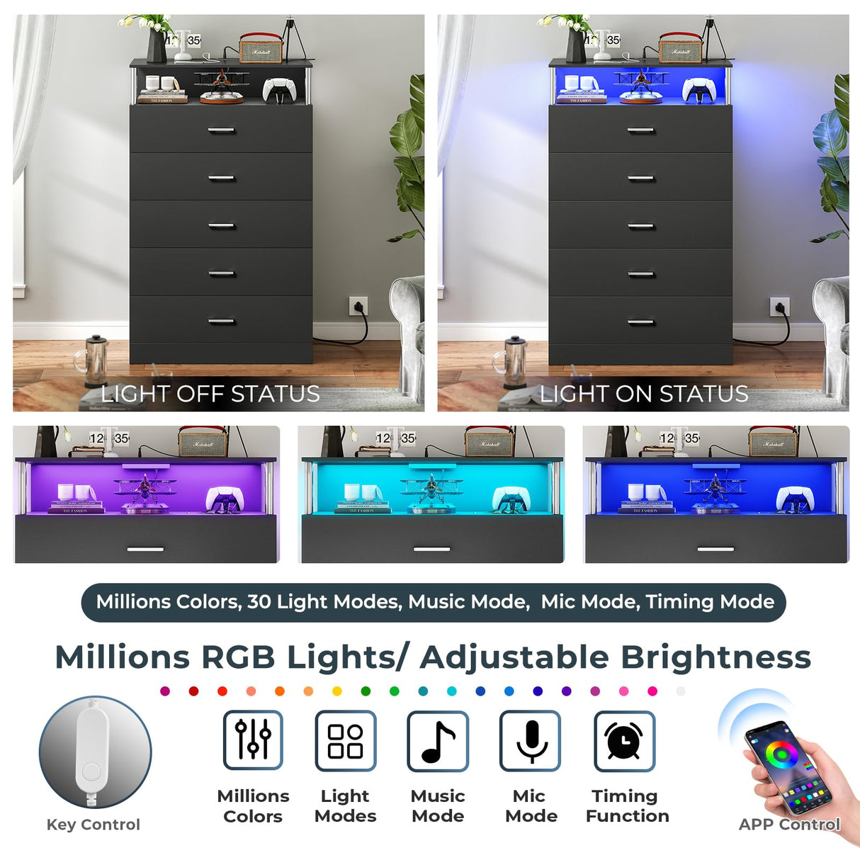AOGLLATI Black Dresser for Bedroom with Column Design & Charging Station, Led 5 Drawers Tall Dresser for Bedroom,Black AOGLLATI