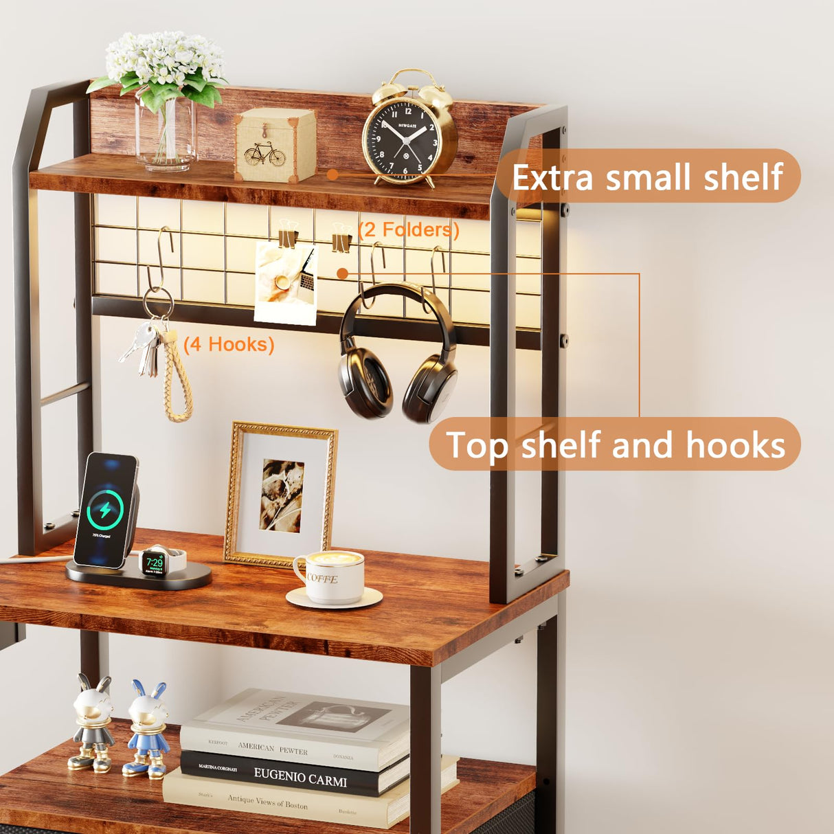 Furologee Tall Nightstand with Charging Station & LED Lights, 41'' Bedside Table with 2 Drawers & Pegboard, White Night Stand with Hooks & Folders, End Table with Shelves for Bedroom/Living Room Furologee