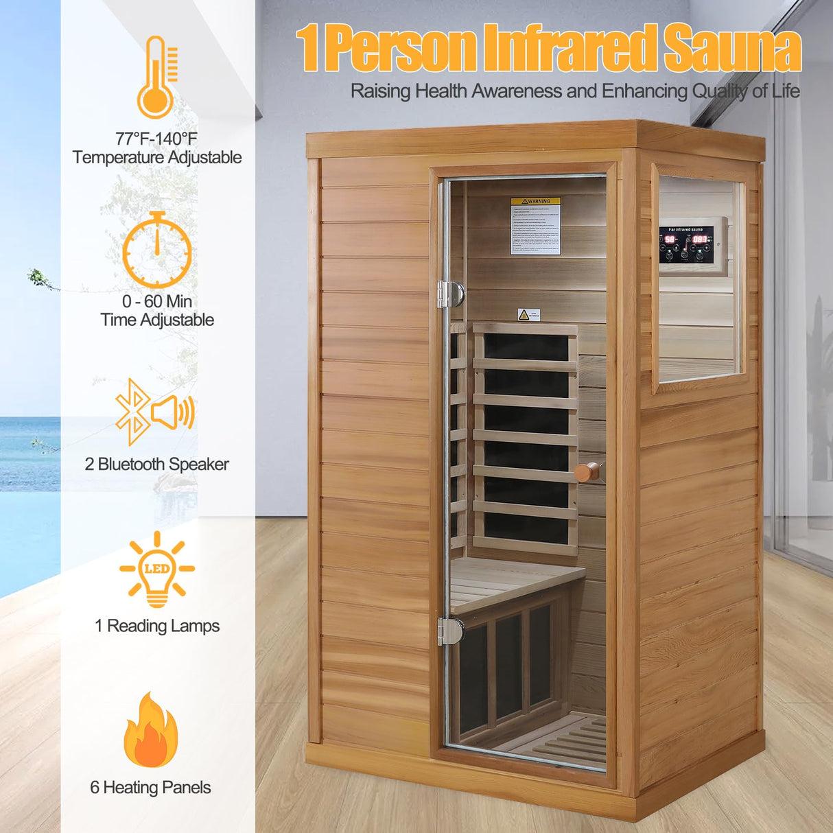 Infrared Home Sauna Room 1 Person Mini Infrared Sauna 1050W Dry Saunas for Home Red Cedar Wooden Indoor Sauna Spa with 6 Low EMF Heaters, Bluetooth Speakers, LED Reading Lamp, Tempered Glass SALUSHEAT