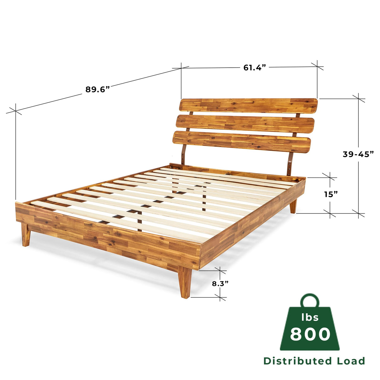 Bme Caden 15-Inch Adjustable Headboard Queen Bed Frame - Mid-Century Retro Acacia Wood, No Box Spring Needed Bme