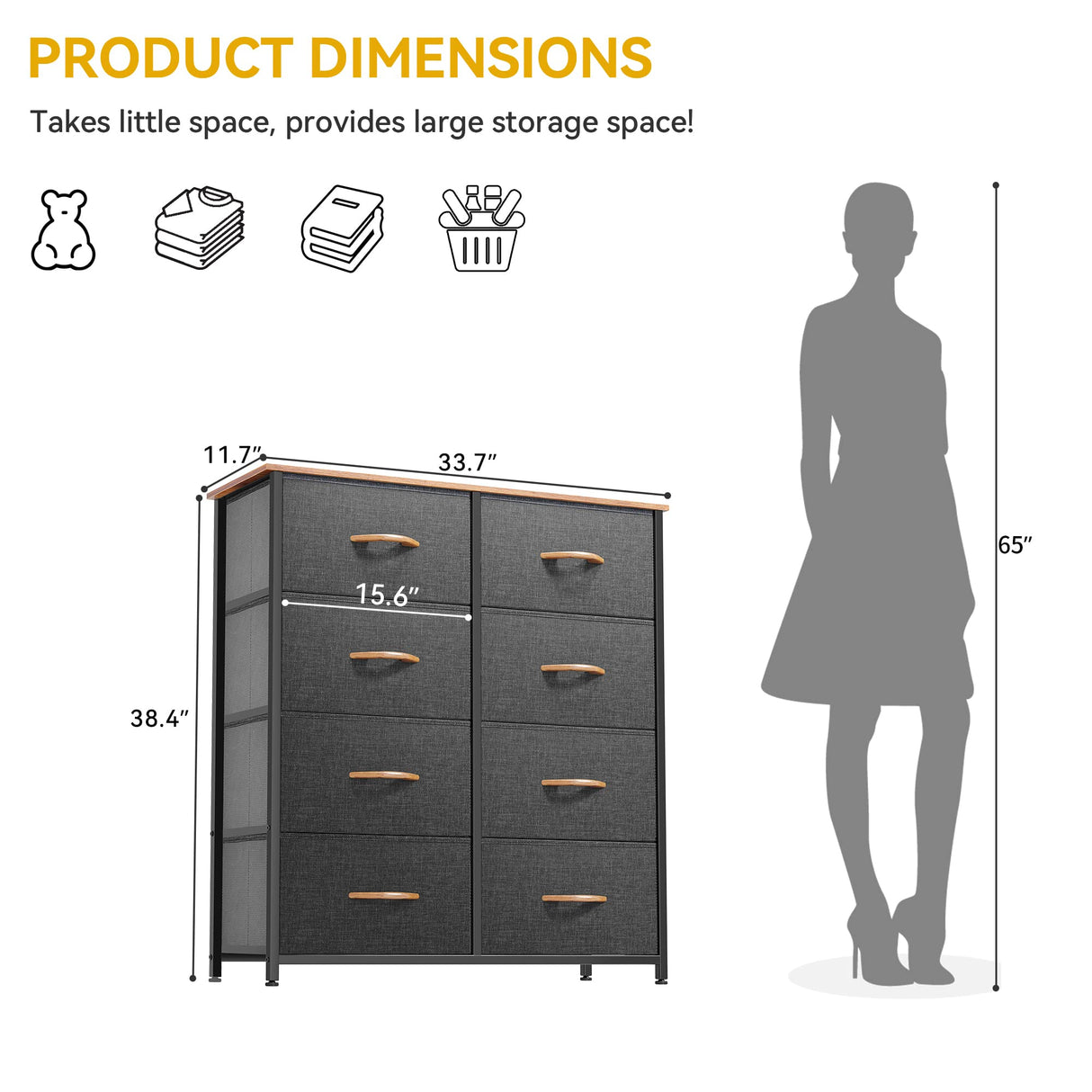 DWVO Dresser for Bedroom, Fabric Dresser with 8 Drawers, Tall Dresser, Double Dresser, Chest of Drawers for Closet, Living Room, Sturdy Steel Frame, Wooden Top, Easy Pull Handle DWVO
