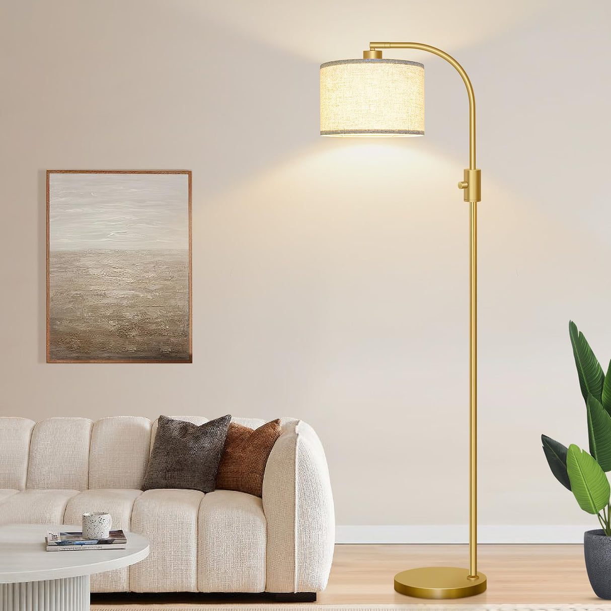 【Upgraded】 Dimmable Gold Floor Lamp, 1200 Lumens LED Bulb Included, Arc Floor Lamps for Living Room Modern Standing Lamp with Linen Shade, Tall Lamp for Living Room Bedroom Office Reading Room Nursery Nintiue
