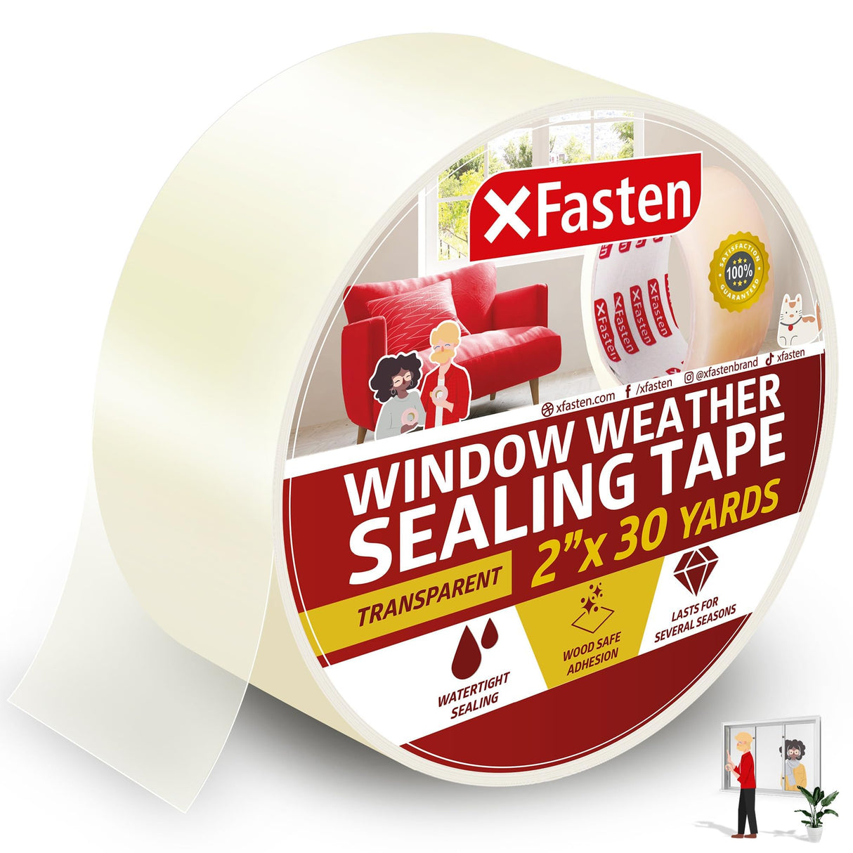 XFasten Transparent Window Weather Sealing Tape, 2-Inch x 30 Yards (50.8mm x 27.43m), Clear Window Draft Isolation Sealing Film Tape, No Residue XFasten