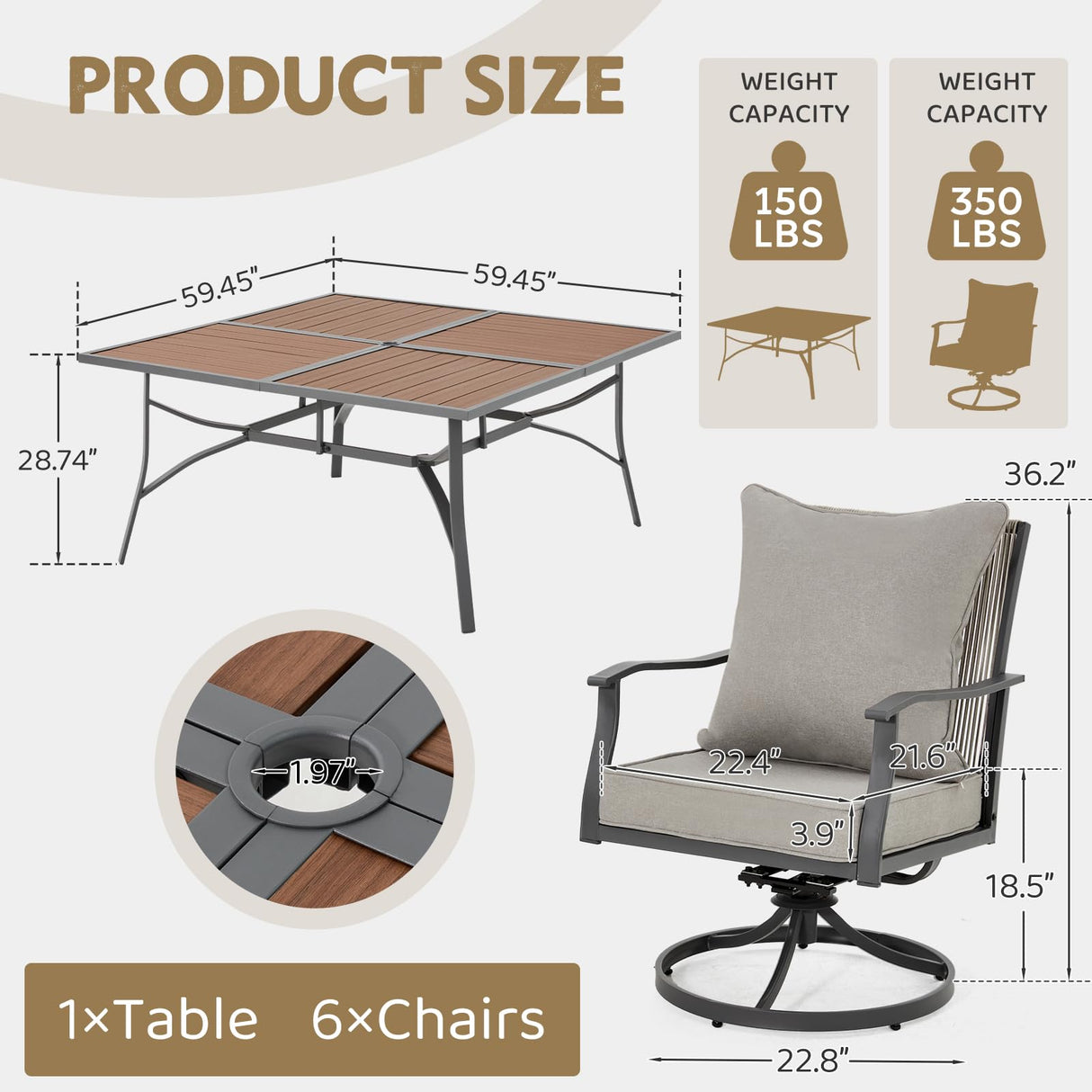 EROMMY 9-Piece Outdoor Dining Set, 8 Swivel Wicker Chairs with Thick Cushions & Wood-Like Dining Table with Umbrella Hole, Patio Furniture Set for Porch, Garden, Backyard, Poolside, Deck, Grey EROMMY