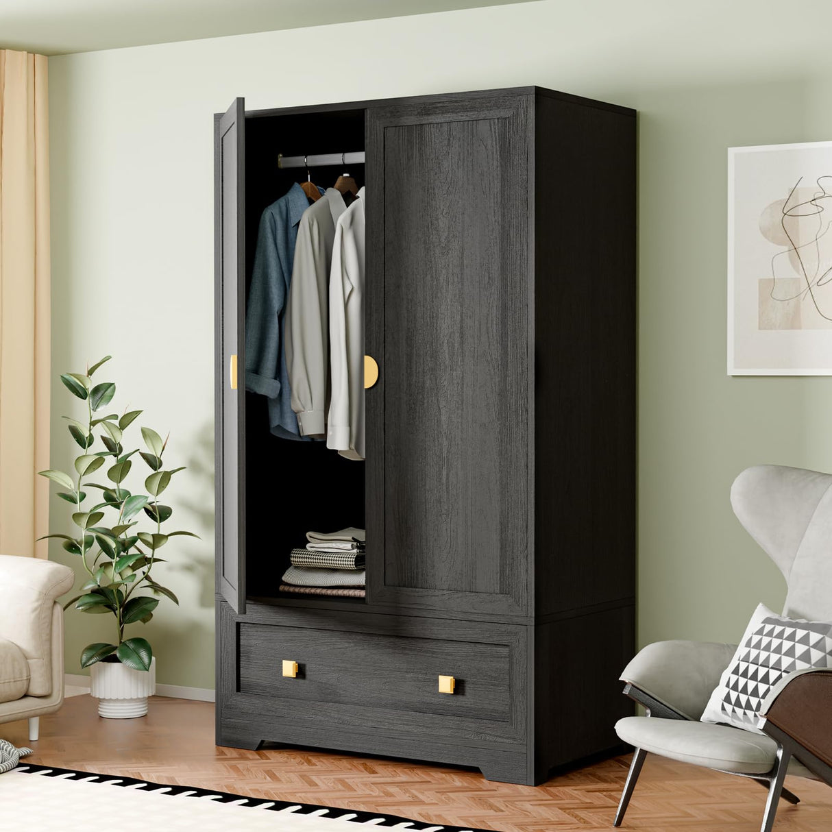 VINGLI Wardrobe Closet, Armoires and Wardrobes with Doors,Hanging Rod, Shelves and Drawer, Freestanding Closet Wardrobe Cabinet, Black Armoire Wardrobe for Bedroom, Dorm VINGLI