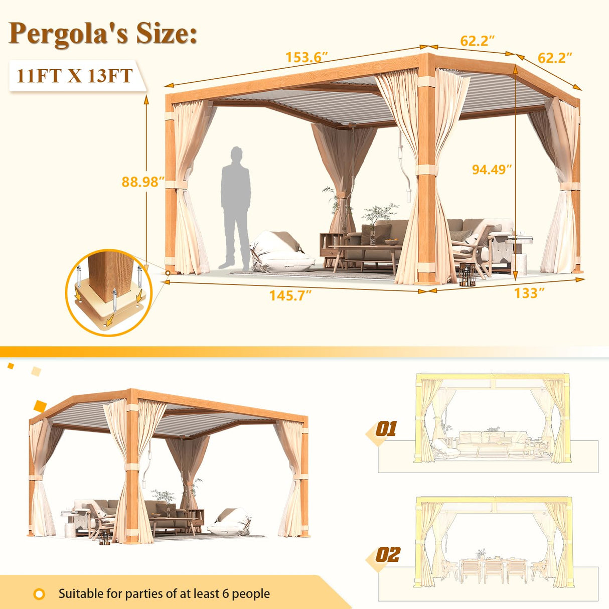YOLENY Louvered Pergola 11x13, All Aluminum Pergola with Adjustable Rainproof Pitched Roof, Outdoor Pergola with Waterproof Curtains and Nets, Woodgrain YOLENY