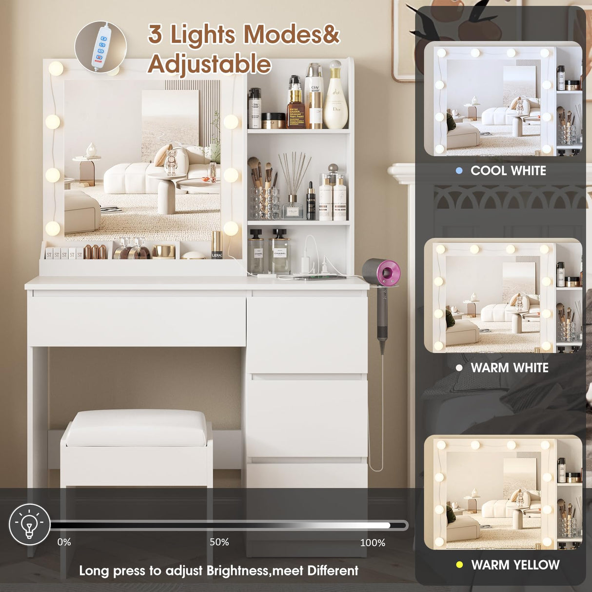 Vabches Vanity, Makeup Vanity Desk Set with Mirror & Light, Dressing Table Storage Lots with Power Strip, 3 Lighting Modes with Adjustable Brightness, 37 Inches (White) (White with Stool) Vabches