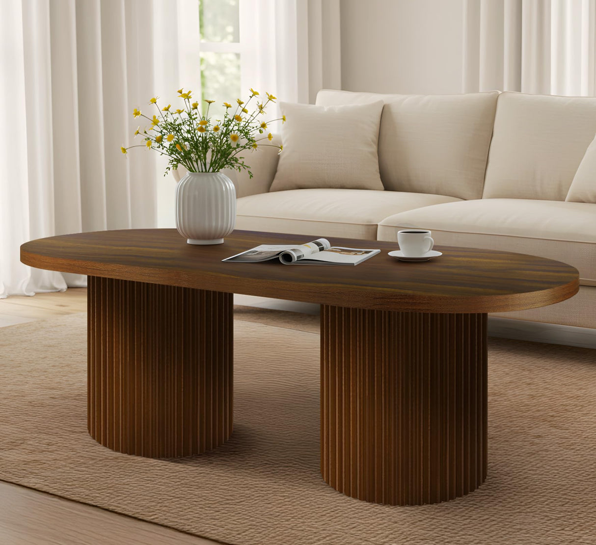 Farmhouse Coffee Table, Ellipse 47 in Wood Modern Center Accent Table, Mid Century Wooden Coffee Tables with Sturdy Base & Rounded Corners for Living Room (Rustic Brown) ZYBT