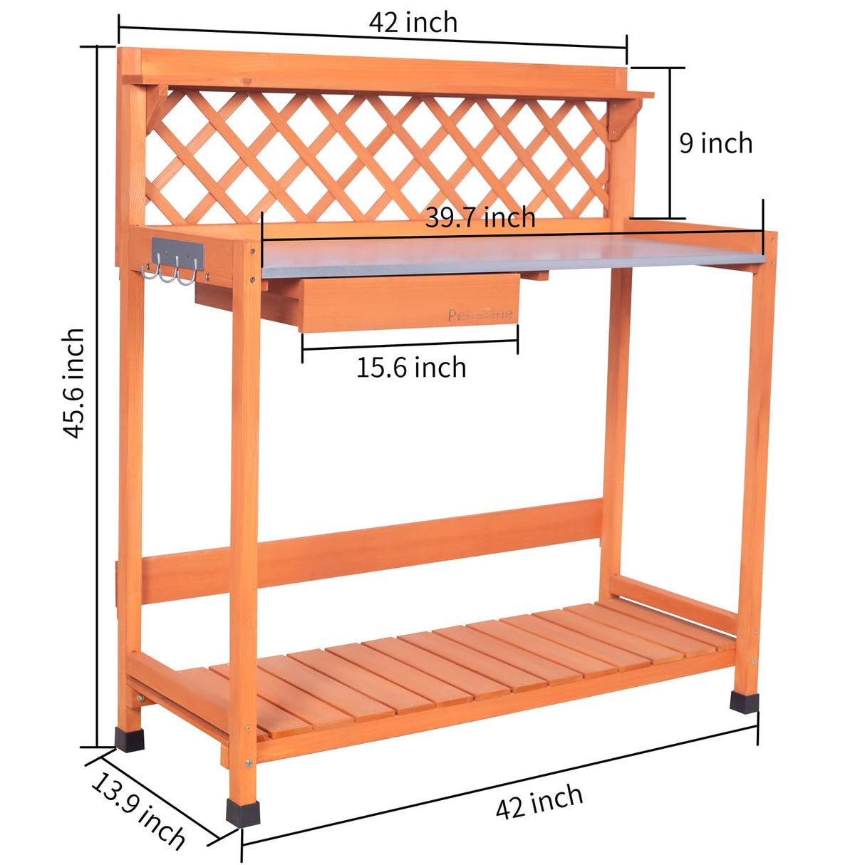 PetalPine Outdoor Potting Bench & Wooden Gardening Work Station Planting Table with Metal Tabletop, Drawer, Storage, and Hooks PetalPine