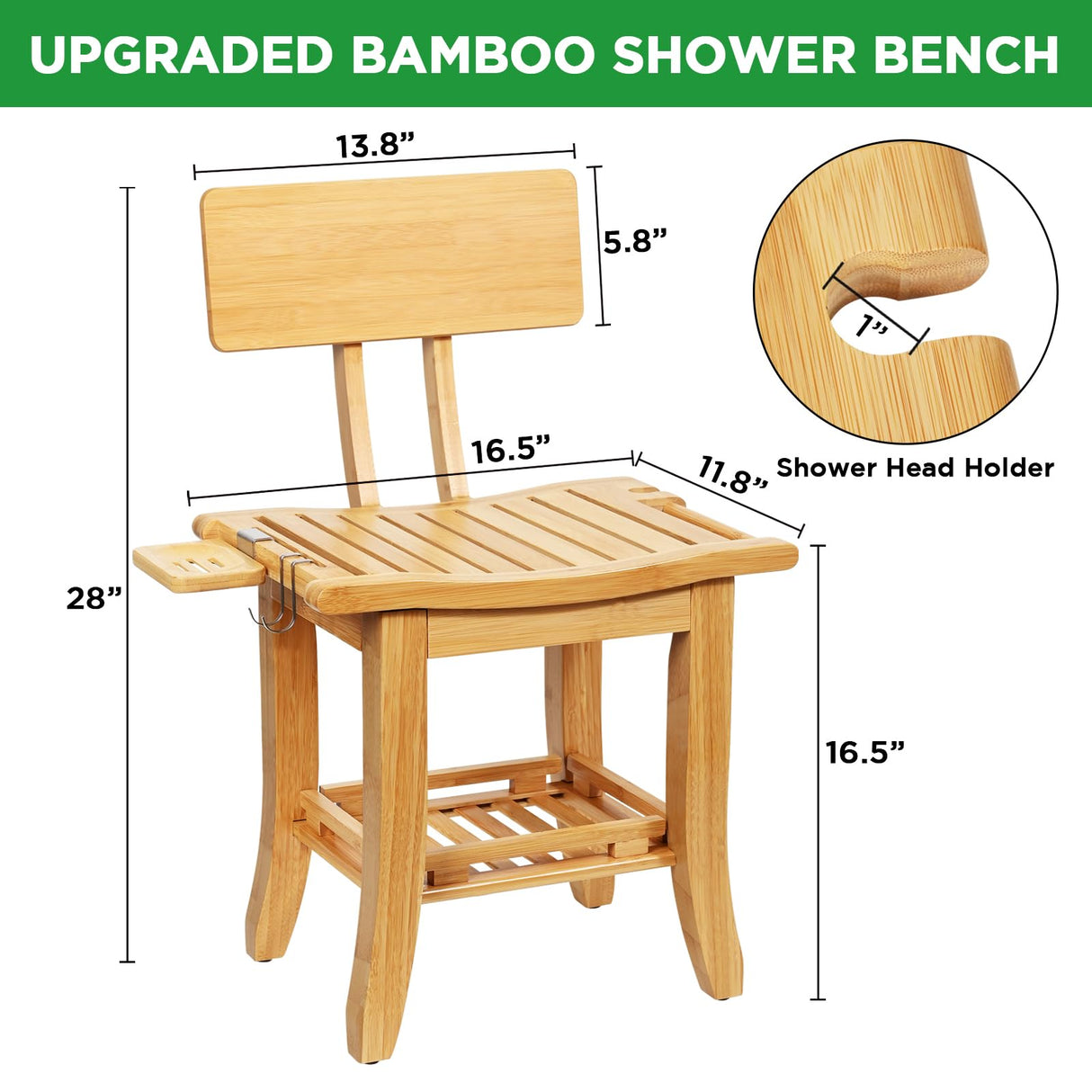 Ollieroo Two-Tier Bamboo Shower Chair for Inside Shower, Waterproof Baby Bath Seat with Storage Shelf, Soap Dish and Shower Head Holder, Shower Stool for Seniors Adults Disabled Pregnant(Natual) Ollieroo