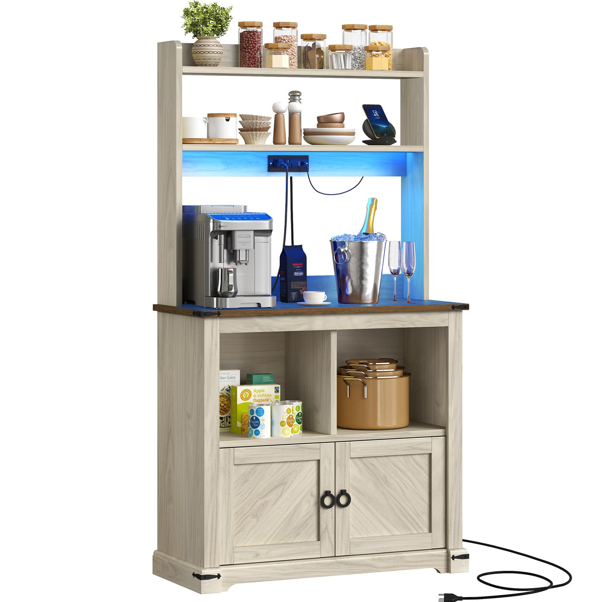 DWVO Kitchen Pantry Cabinet,Microwave Stand with Power Outlet,Food Pantry Hutch with LED Lights,Coffee Bar Cabinet with Storage,Farmhouse Buffet Sideboard with LED Lights, Off White+Walnut Grain DWVO