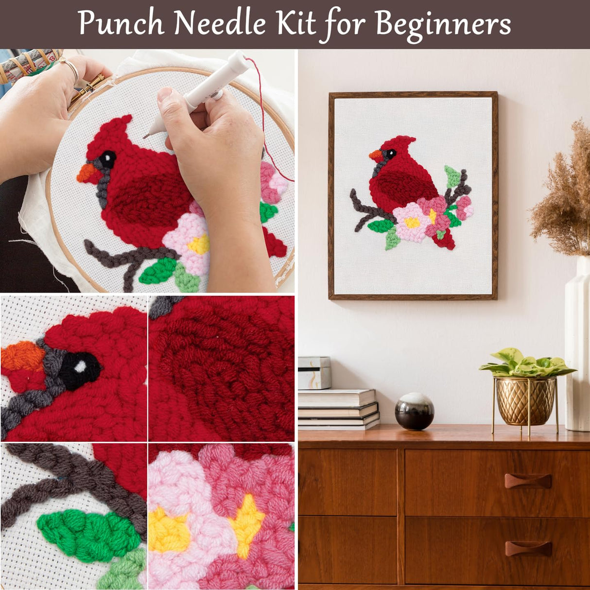 Louise Maelys Beginners Punch Needle Kits,for Starter Adults,Rug Cross Stitch Kit Tool Including Handle Embroidery Pen,Cloth,Hoop,Threads and Instruction-Cardinal Bird Pattern Louise Maelys
