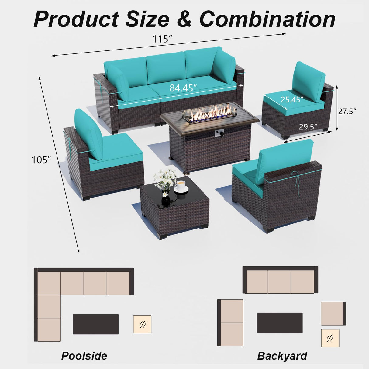 ALAULM 8 Pieces Outdoor Patio Furniture Set with Propane Fire Pit Table Outdoor Sectional Sofa Sets Patio Furniture 43" Gas Fire Pit Brown PE Rattan Patio Conversation Set w/6 Cushions (New Blue) ALAULM
