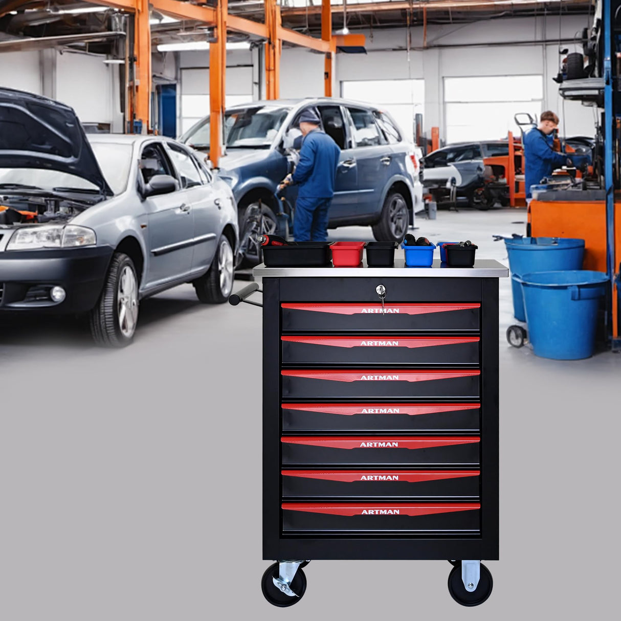 7 Drawers Rolling Tool Chest, Tool Storage Cabinet with Wheels Rolling Tool Cart with 7 Drawers, Rolling Tool Box Organizer, Metal Tool Cart for Garage Workshop Black and Red, Stainless Steel Top CHD