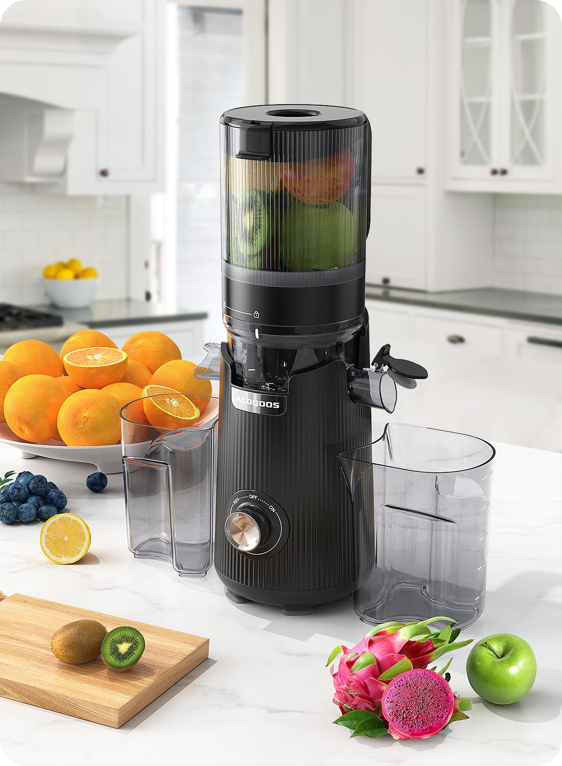 ACOQOOS Juicer Machines, Cold Press Juicer Whole Fruit and Vegetable with 5.3" Wider and Larger Feeding Chute (Capacity 1.8L), Easy to Clean Juicers with 2 Cups, Masticating Juicer Black ACOQOOS