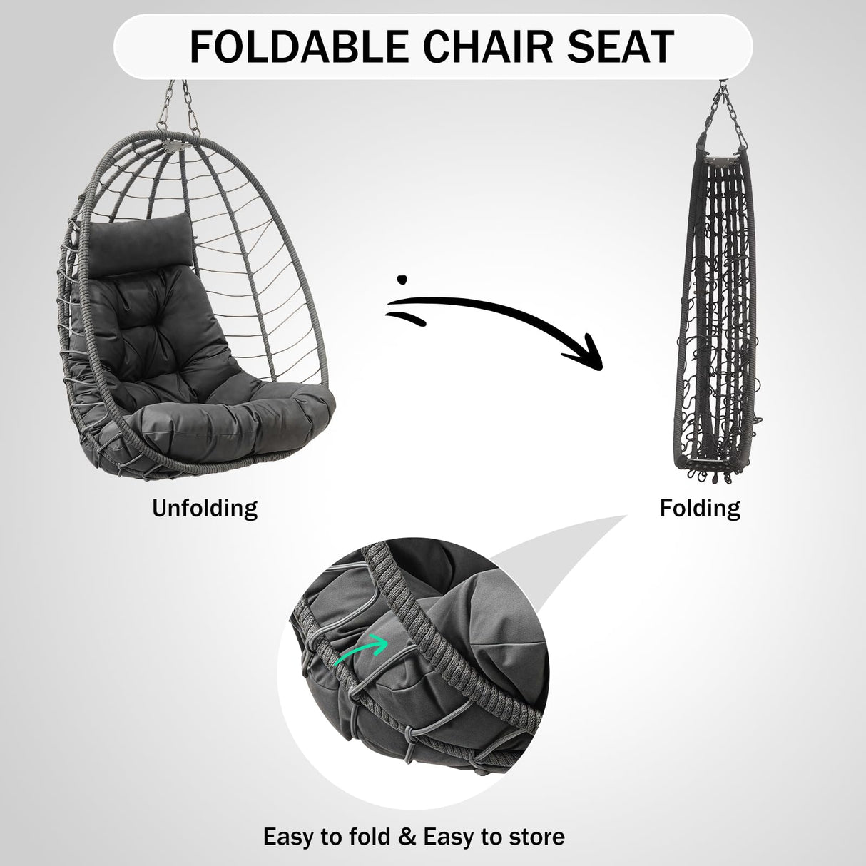 Hanging Egg Chair with Stand, Outdoor Patio Rattan Wicker Swing Egg Chair, Outdoor Indoor Hammock Chair for Porch, Living Room, Poolside and Balcony, 350LBS Capacity, Dark Grey XZHQHB