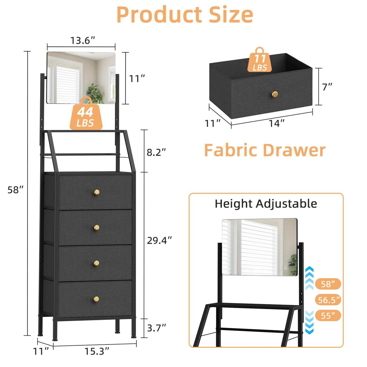 HIGDBFE Dresser with Mirror, 4 Drawers Dresser with 2-Tier Shelves, Freestanding Fabric Chest of Drawers for Small Space, Tall Narrow Nightstand Vanity for Bedroom, Hallway, Dorm, Black, 15.3" W HIGDBFE