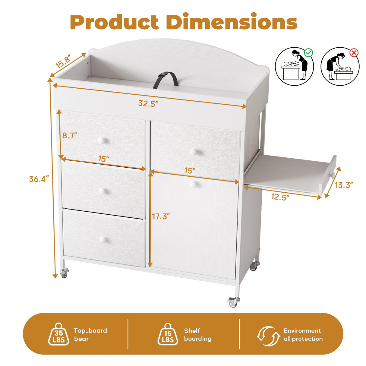 DTK Baby Dresser with Changing Table Top,4-Drawers Changing Table Dresser with Tile-Out Trash Cabinet and Pull-Out Shelf,Diaper Changing Station with Waterproof Pad and Storage for Nursery,White DTK