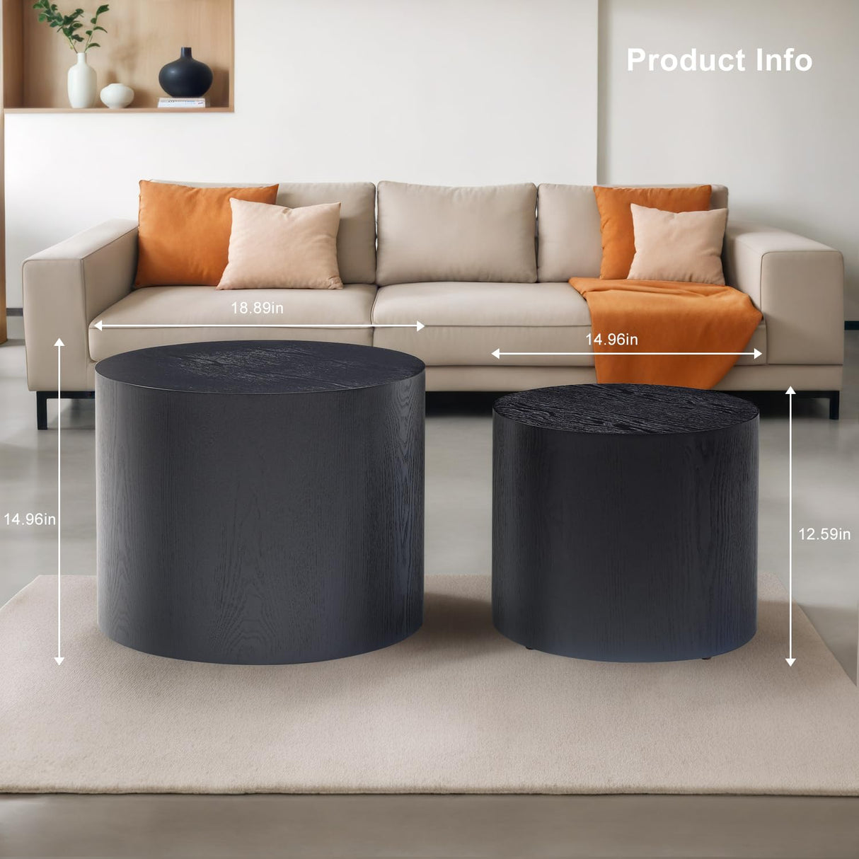 Nesting Coffee Table Set of 2, Modern Round Coffee Table with Non-Slip Feet, Wooden Circle Side Table and Accent Furniture for Bedroom Balcony Lounge Home Office, No Assembling, Black ivoros