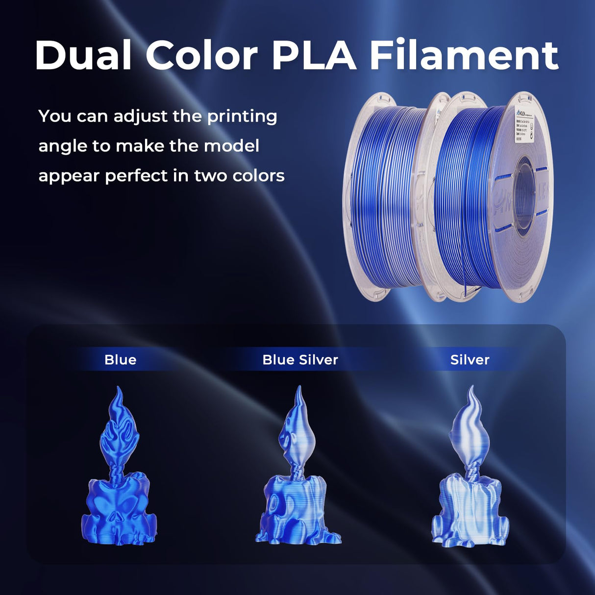 AMOLEN Silk PLA 3D Printer Filament, Dual Color Blue Silver PLA 1.75mm, Shiny Color Change Filament 3D Printing PLA Filament for Most FDM 3D Printer, 1kg Spool(2.2lbs) AMOLEN