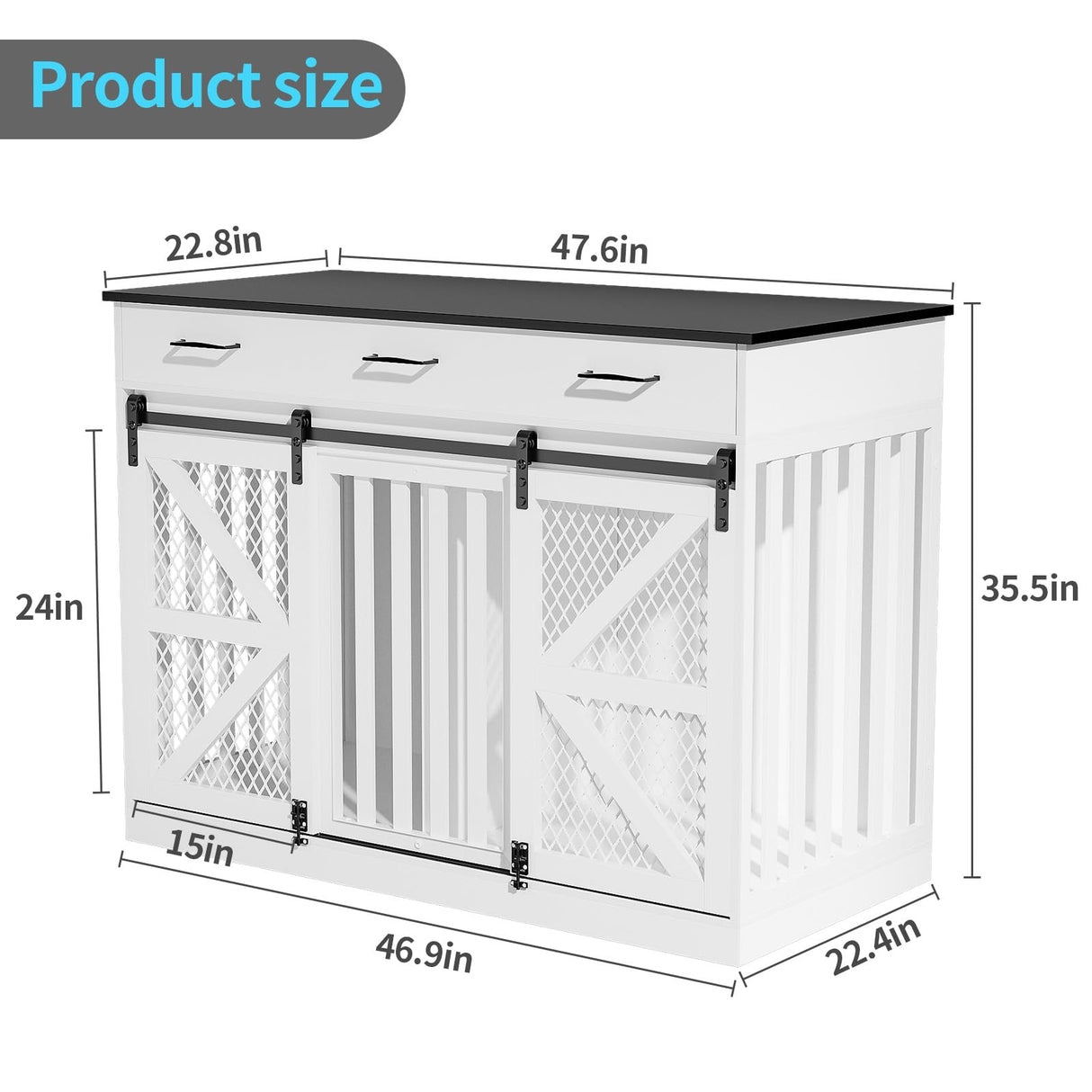 kepptory 48'' Dog Crate Furniture with Divider&Storage Drawers, Wooden Double Dog Kennel Furniture End Table with Sliding Barn Doors, White Double Dog Crate TV Stand kepptory