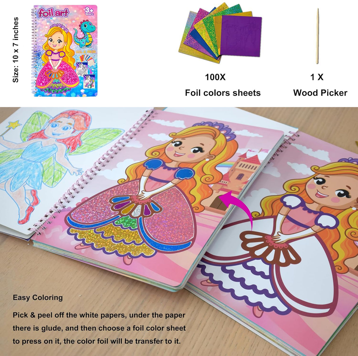 HBKJ Foil-Fun Art Gift for Girls - Magic Princess Gifts Foil Art Craft Stickers Book Supplies for Girls 4-5-6-7-8-9 Year Old Toddler Kids Activity Kit Travel Toys Christmas Birthday Gifts HBKJ