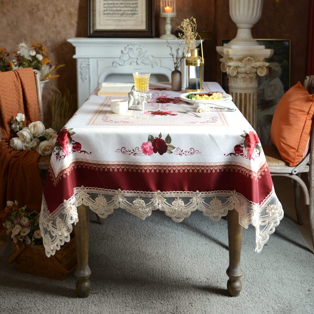 SUTAVIA Floral Lace Tablecloth Farmhouse Waterproof Fabric Table Cover Satin Resistant for Home Kitchen Dining Room Winter Holiday Christmas Party(Burgundy, Rectangle/Oblong,60 x 84 Inch,6-8 Seats) SUTAVIA