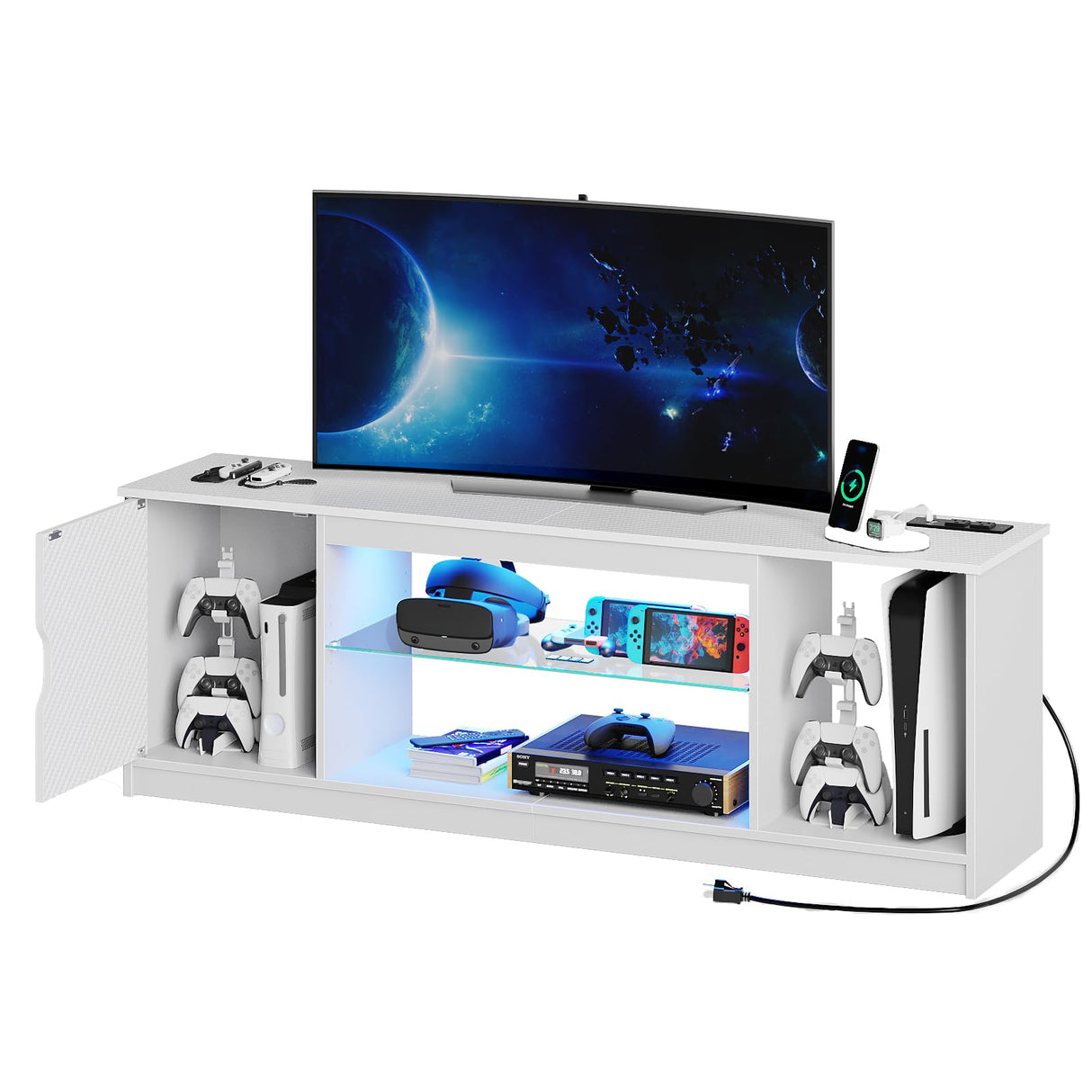 Bestier LED TV Stand with Power Outlets for 55/60/65 Inch TV, Gaming Entertainment Center with Cabinet for PS5, Modern TV Cabinet with Adjustable Glass Shelves for Bedroom 58 Inch Carbon Fiber White Bestier