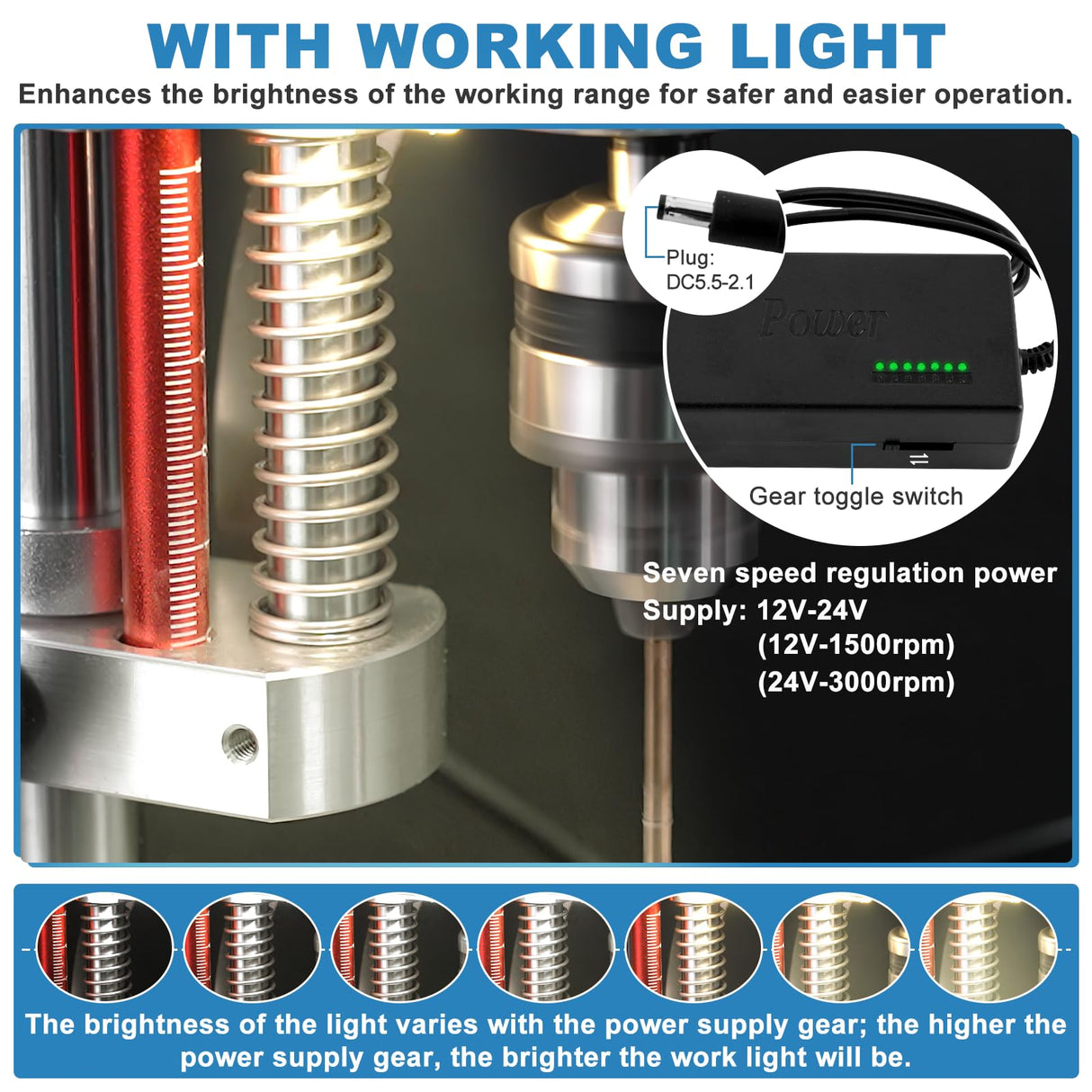 MXBAOHENG Mini Desktop Drill Press 7-speed Micro Drill Press with Work Light for Wood, Crafts and Jewelry Making, Small Table Drilling Machine 795 Motor B10 Chuck, with Belt and Motor Protective Cover MXBAOHENG