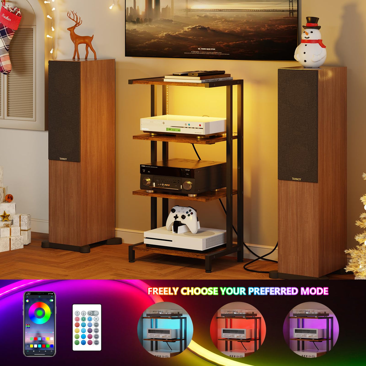 X-cosrack 4-Tier AV Media Stand with Power Strips,Wooden Corner TV Stand Shelf with LED Lights,Stereo Component Cabinet Audio Rack Stand Tower Ideal for DVD Players,Game Console TV Box,Cable Box,Xbox X-cosrack