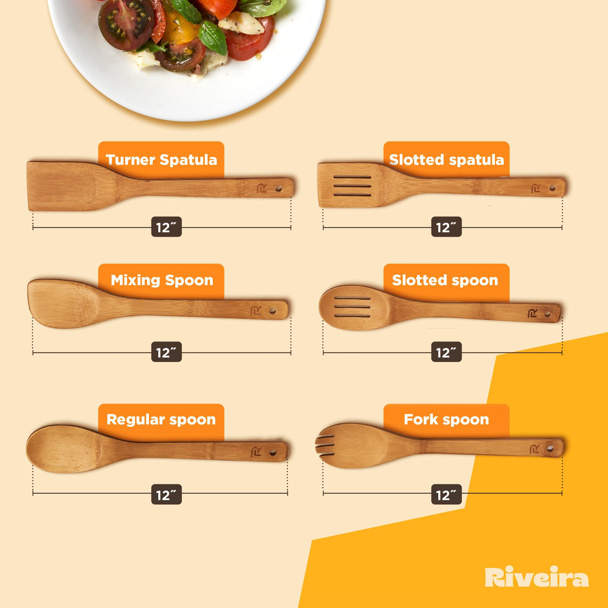 Riveira Dark Bamboo Wooden Spoons for Cooking 6-Piece, Apartment Essentials Wood Spatula Spoon Nonstick Kitchen Utensil Set Premium Quality Housewarming Gifts for Everyday Use Riveira