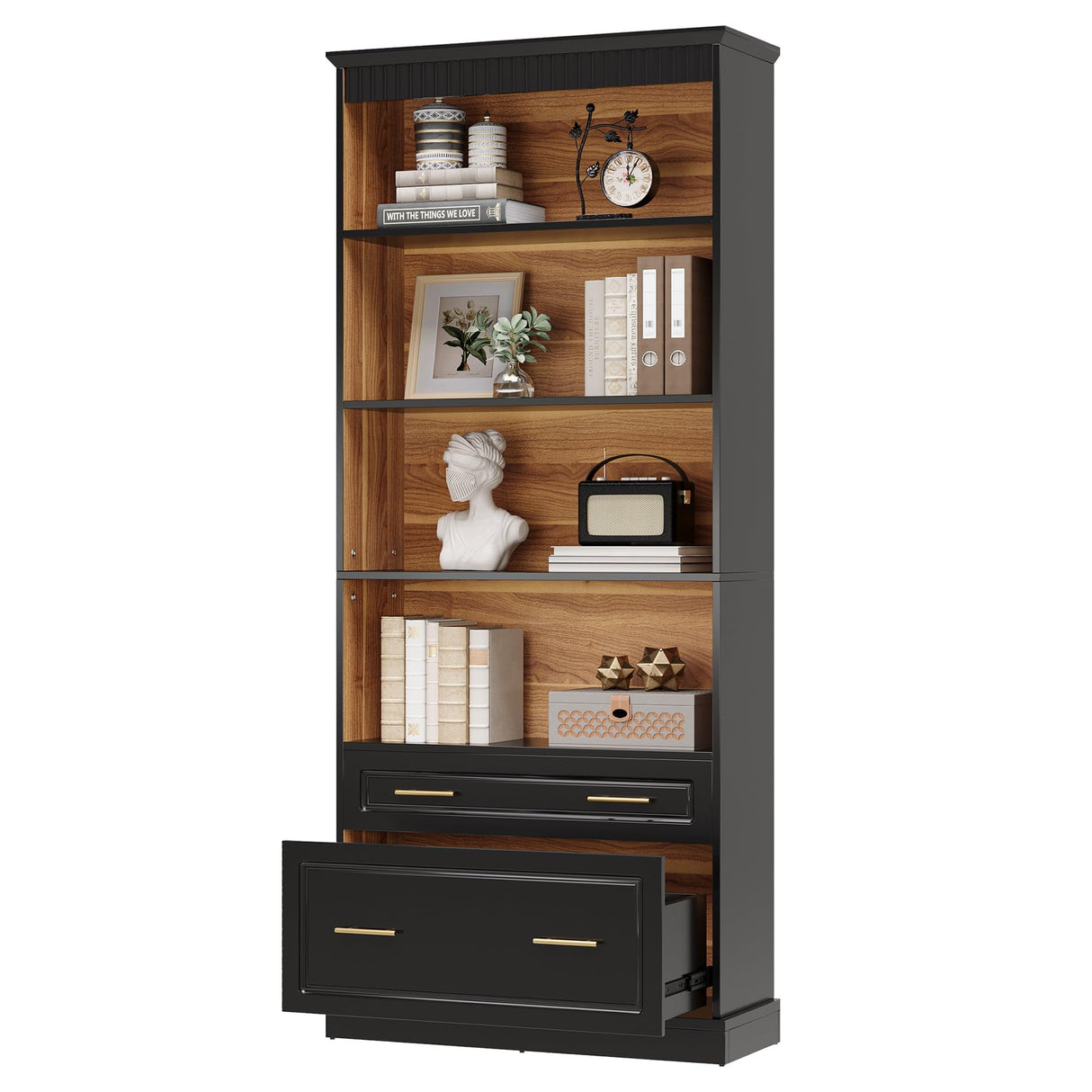 Tribesigns 5-Shelf Bookcase with File Cabinet Drawer, 72" Tall Bookshelf, Modern Free-Standing Wood Bookcase, Large Open Display Storage Book Shelf for Living Room (1, Black) Tribesigns