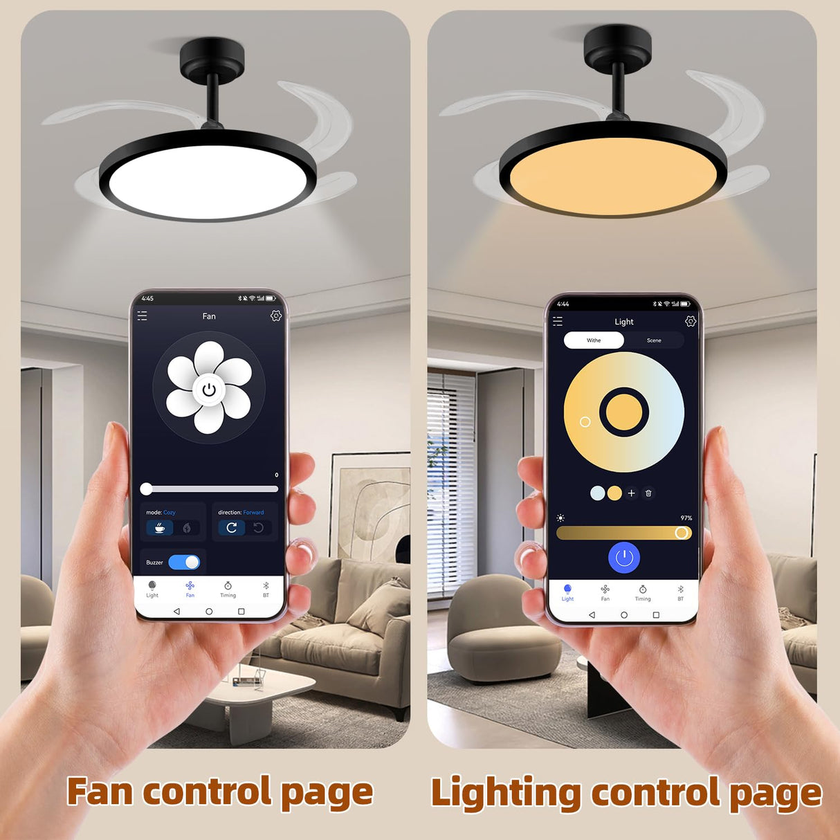 BAYSQUIRREL Slim Retractable Ceiling Fan with Lights and Remote/APP Control,6 Speed Dimmable Reversible Memory Ceiling Fan,42 inch Modern Silent Smart Ceiling Fans for Bedroom Living Room Dinning Room BAYSQUIRREL