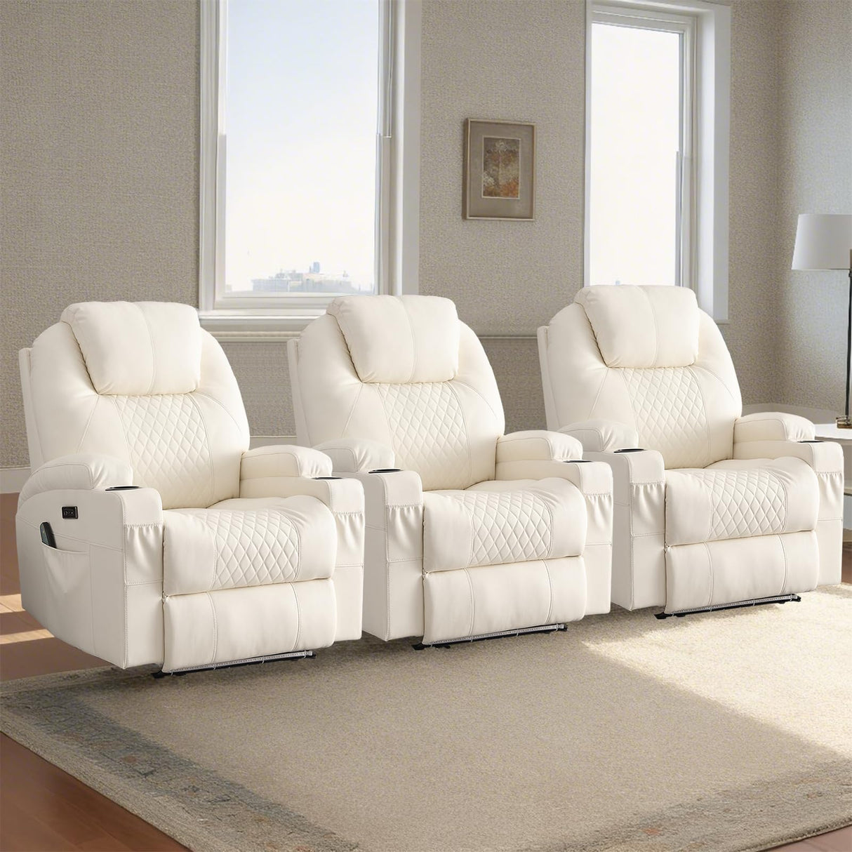 IBTKIG Power Recliner Chair with Heat and Massage, PU Leather Home Theater Seating w/LED Lights/Cup Holders/Side Pocket/USB Port, Lazy Boy Reclining Sofa Chair for Living Room (3, White) IBTKIG