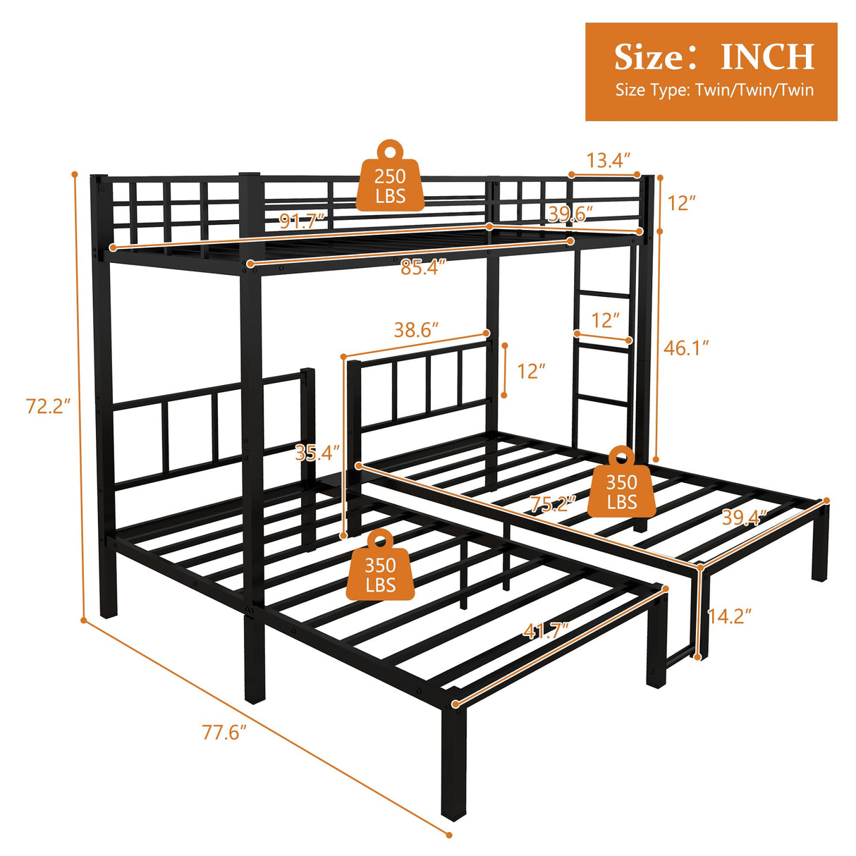 EYATZO Heavy Duty Triple Bunk Bed for Kids, Twin Over Twin Over Twin Bunk Bed, Metal 3 Bed Bunk Beds for Teens and Adults, No Box Spring Needed, Black EYATZO