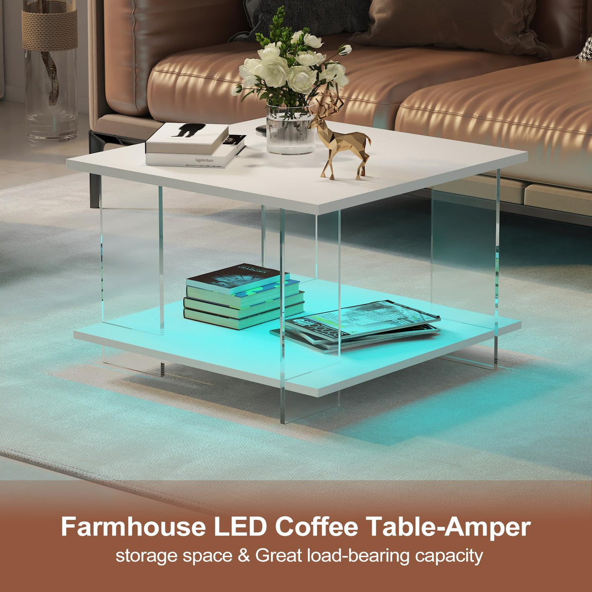 HedoAjim 24" Acrylic Coffee Table with White Wood Tabletop, Minimalist Stylish Modern Square Center Table for Living Room,Led Living Room Table with Storage Shelf & Acrylic Frame for Small Space HedoAjim