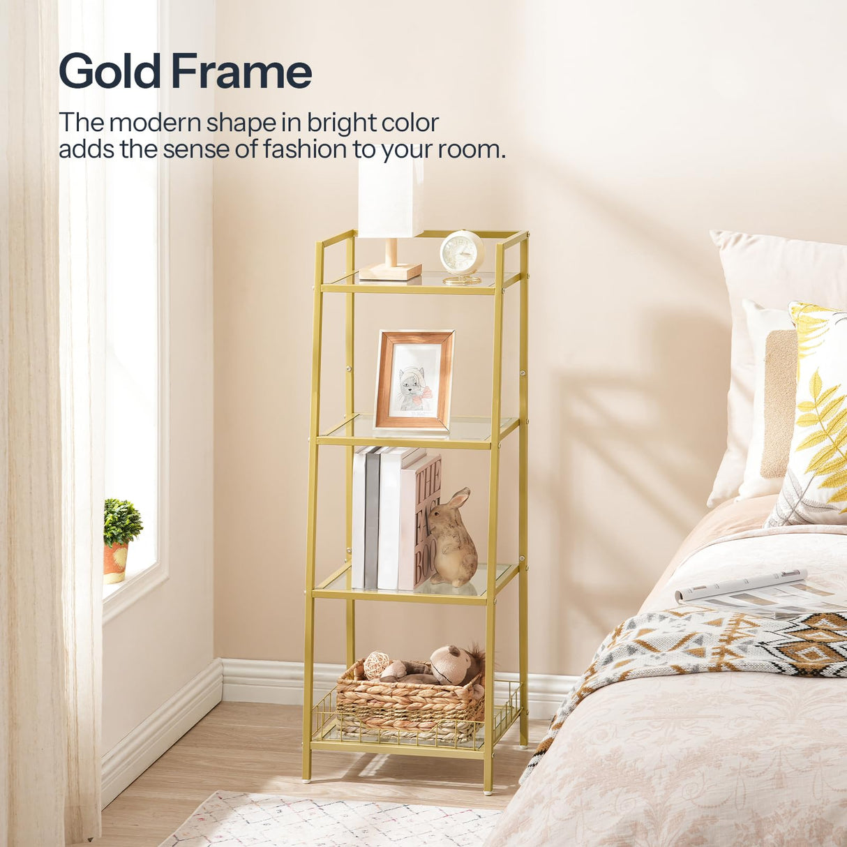 HOOBRO Gold Glass Shelf Stand, 4 Tier Standing Shelf Unit, Bathroom Organizer and Storage, Floor Storage Shelves Waterproof, for Bathroom, Laundry, Toilet, Tempered Glass, Gold GD79CJ01