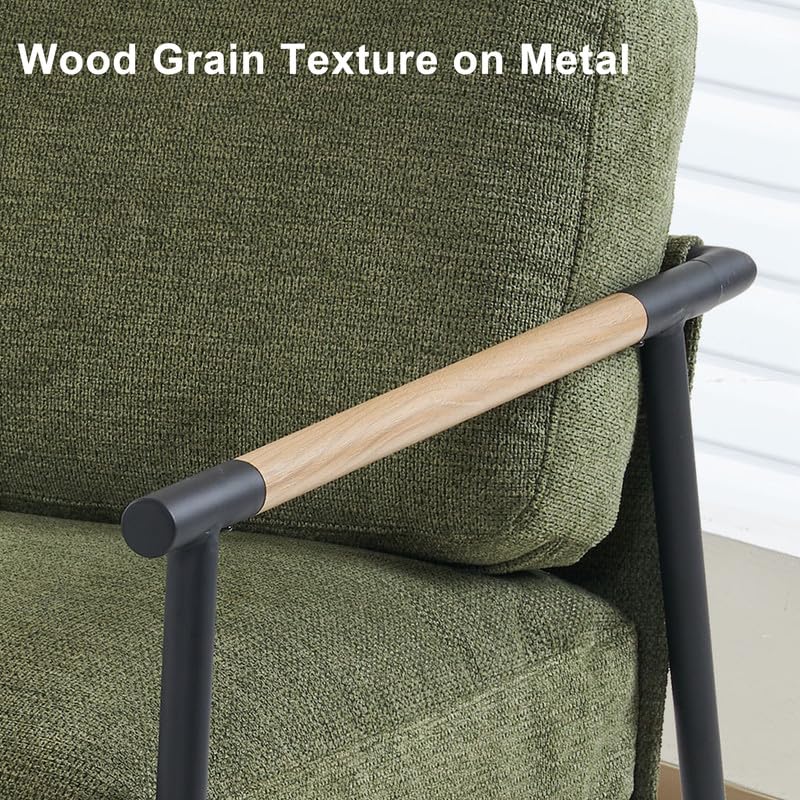 Accent Chair Mid Century Modern Armchair for Living Room,Bedroom,Office,Lounge Comfy Chenille Upholstered Soft Removable Washable Cushions and Pillows,Metal Wood-Grain Armrest Legs,Green Comfort Stretch