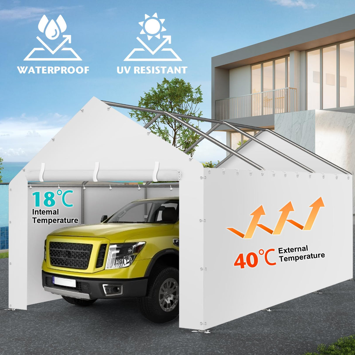 Carport Replacement Canopy Cover Sidewalls for 10x20FT Frame, Heavy Duty Garage Car Tent Shelter Tarp with Ball Bungees, Waterproof & UV Protected (White, Frame is not Included) Yustuf