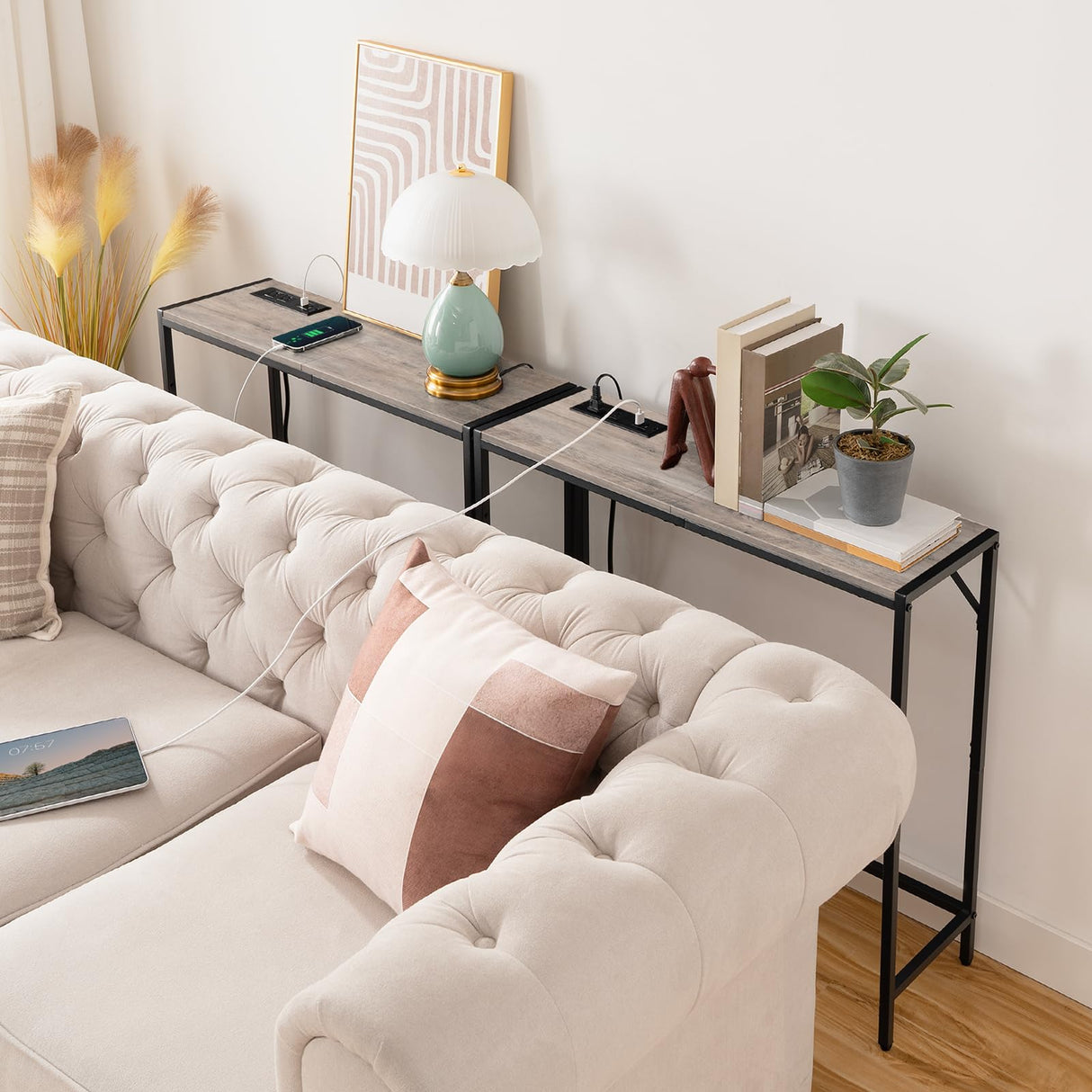 MAHANCRIS Console Table with Power Station, 30.1” Entryway Table, Behind Sofa Table, Industrial Style, Outlets and USB Ports, Sturdy, for Living Room, Entryway, Foyer, Corridor, Greige CTHG76E01 MAHANCRIS
