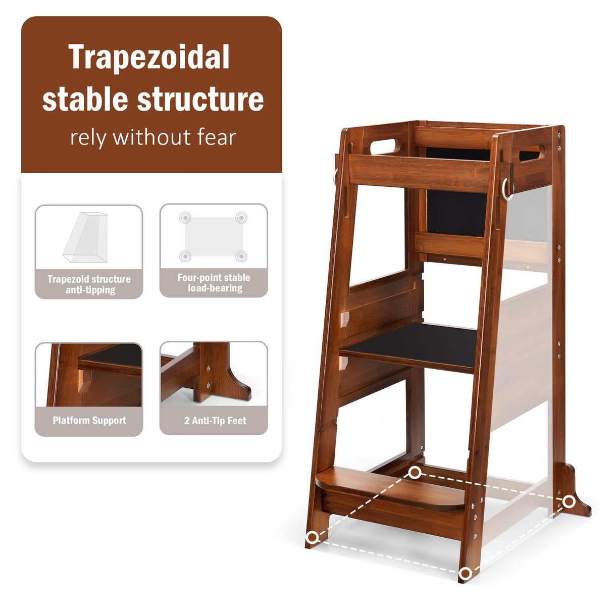 TOETOL Bamboo Toddler Step Stool Learning Kitchen Stool Standing Tower for Toddler Kitchen Counter Helper Stool 3 Height Adjustable with Activity Chalkboard and Whiteboard Message Boards,Non-Slip Mat TOETOL