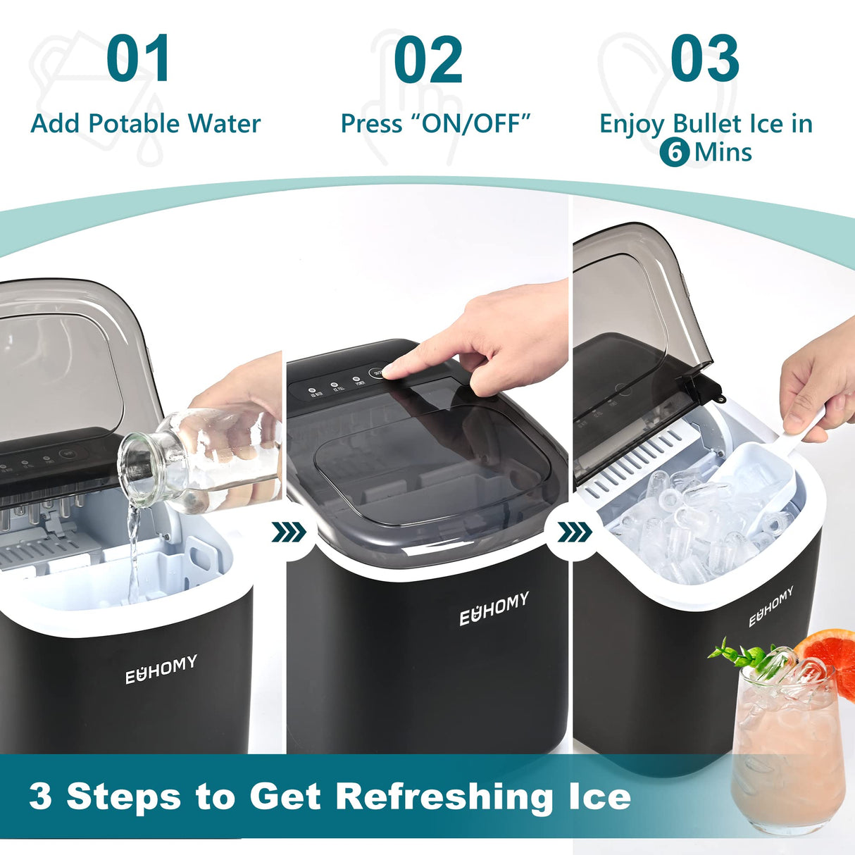EUHOMY Countertop Ice Maker Machine with Handle, 26lbs in 24Hrs, 9 Ice Cubes Ready in 6 Mins, Auto-Cleaning Portable Ice Maker with Basket and Scoop, for Home/Kitchen/Camping/RV. (Black) EUHOMY